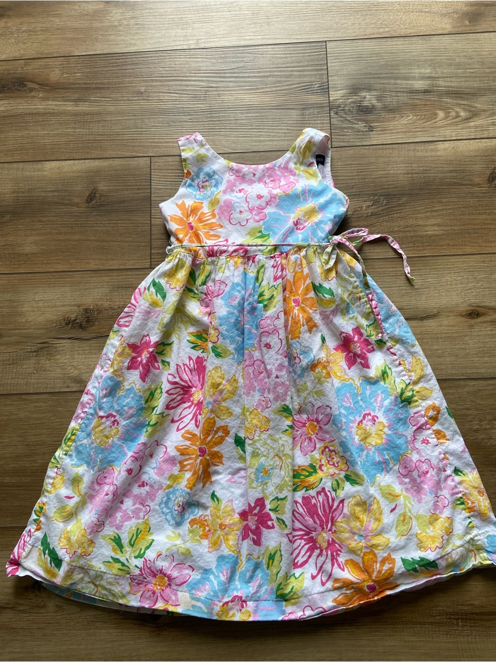 Ralph Lauren White Floral Tie-Waist Sundress with Pink, Blue & Yellow Blooms